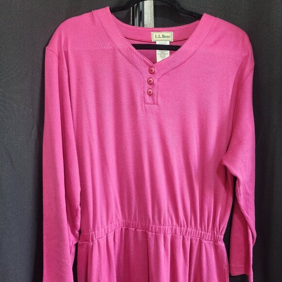 Vintage LL Bean Pink Cotton Jersey Henley Dress with Pockets Size L - Picture 2 of 9